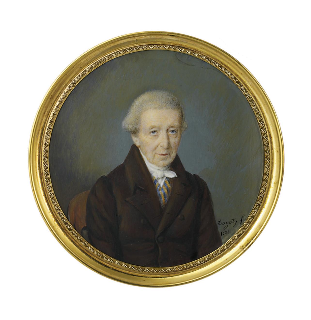 Pierre-Édouard Dagoty - Johann Christoph Schönbeck (1745-1836), wine merchant, in brown coat, yellow and blue striped waistcoat, white knotted cravat, powdered hair en queue, seated on a wooden chair