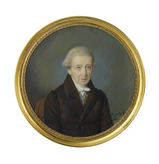 Pierre-Édouard Dagoty - Johann Christoph Schönbeck (1745-1836), wine merchant, in brown coat, yellow and blue striped waistcoat, white knotted cravat, powdered hair en queue, seated on a wooden chair