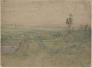 Pierre-Etienne-Théodore Rousseau - A cliff overlooking a small village along a river near Meudon