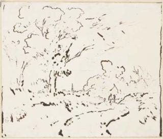 Pierre-Etienne-Théodore Rousseau - Un paysage avec une route et des personnages, un village dans le fond