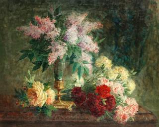 Pierre Eugène Montezin - An Arrangement Of Lilacs, Roses And Carnations