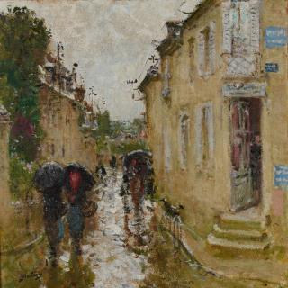 Pierre Eugène Montézin - La grande rue de Bessé-sur-Bray sous la pluie