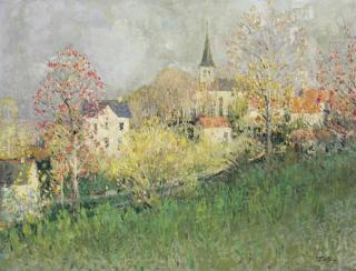 Pierre Eugene Montezin - Paysage, vue de l\'église