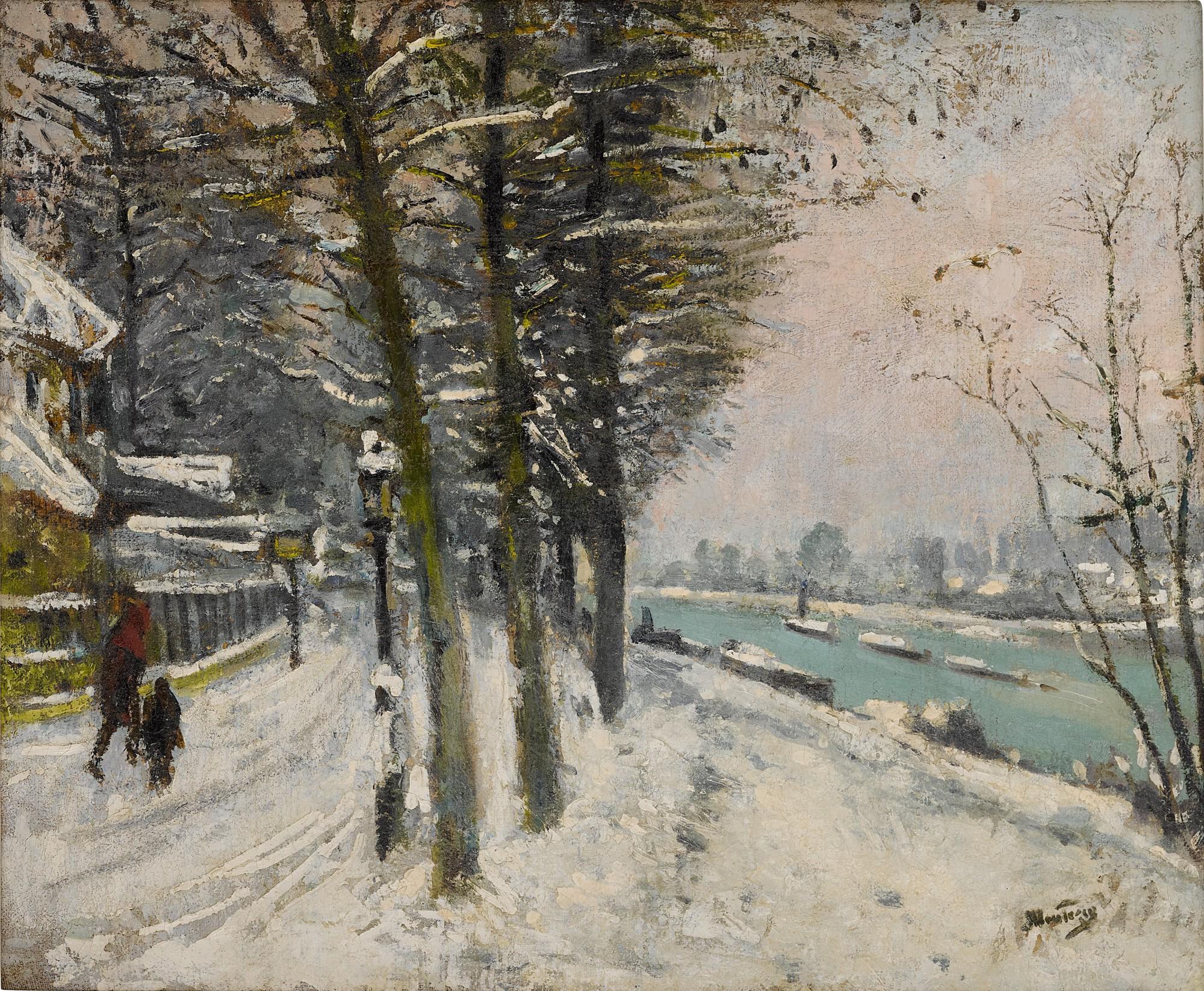 Pierre Eugène Montezin - Promenade en bord de rivière sous la neige