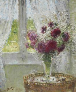 Pierre Eugene Montezin - Vase de fleurs, devant une fenêtre