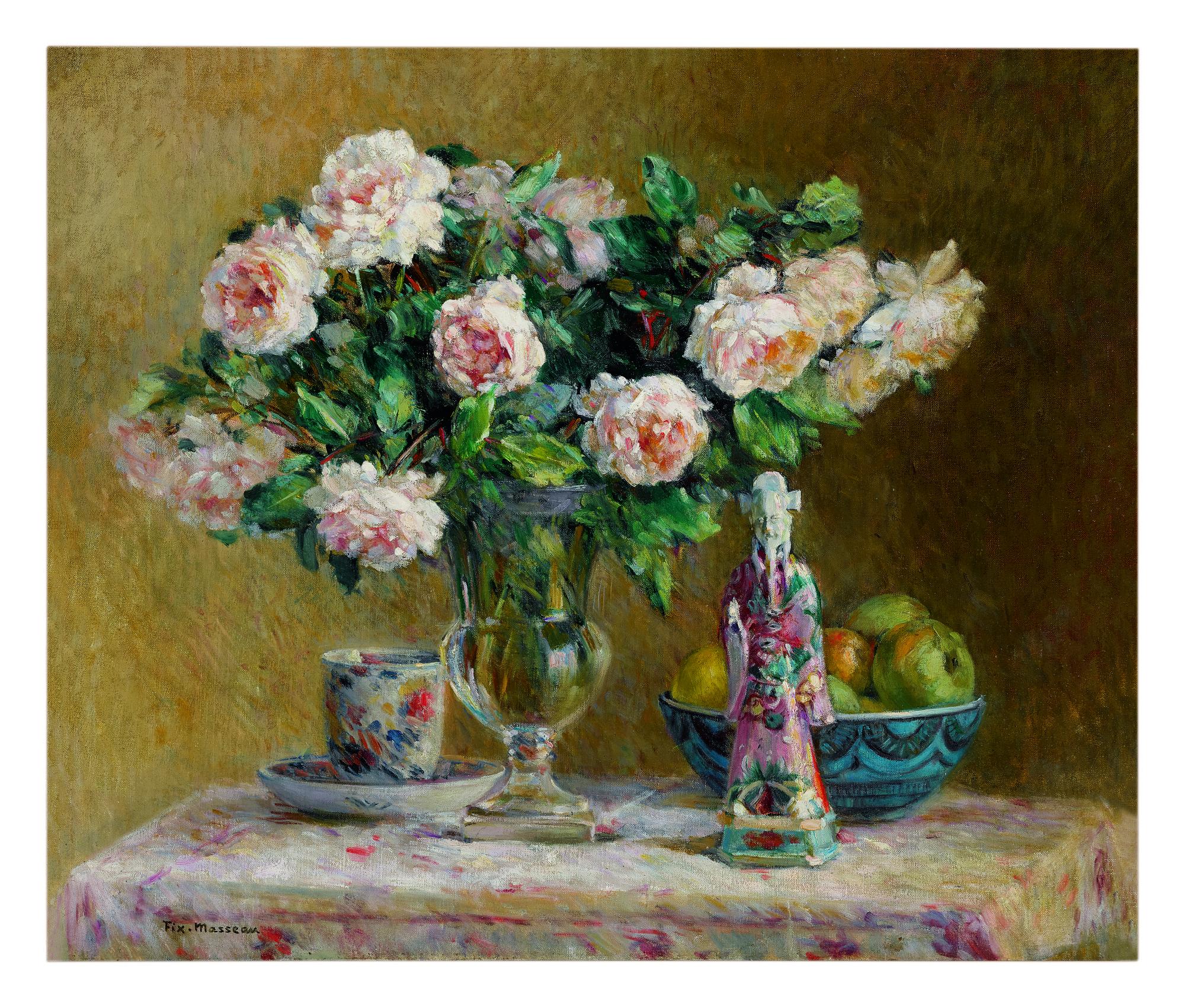 Pierre-Félix Fix-Masseau - Still Life With Roses And A Chinese Courtier
