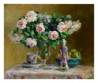 Pierre-Félix Fix-Masseau - Still Life With Roses And A Chinese Courtier