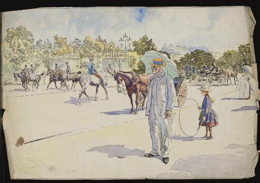 Pierre-Georges Jeanniot - Un homme fumant et une fillette jouant au cerceau dans un parc, des cavaliers à l\'arrière-plan