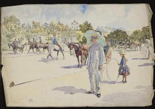 Pierre-Georges Jeanniot - Un homme fumant et une fillette jouant au cerceau dans un parc, des cavaliers à l\'arrière-plan