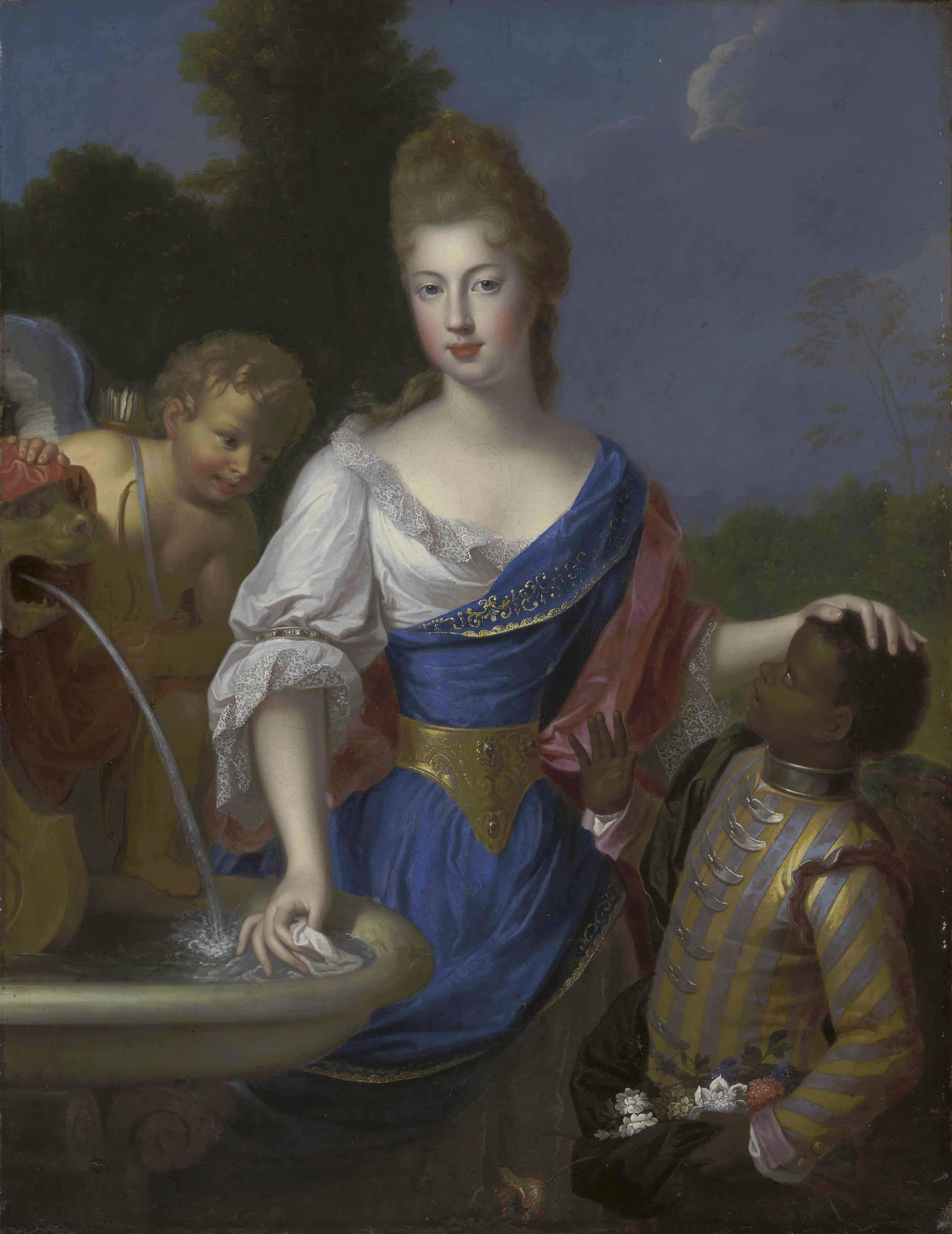 Pierre Gobert - Portrait Of A Lady, Three-Quarter-Length, Traditionally Identified As Louise Bernardine De Durfort, Duchess Of Duras (1678-1747), With Cupid And A Page, By A Fountain