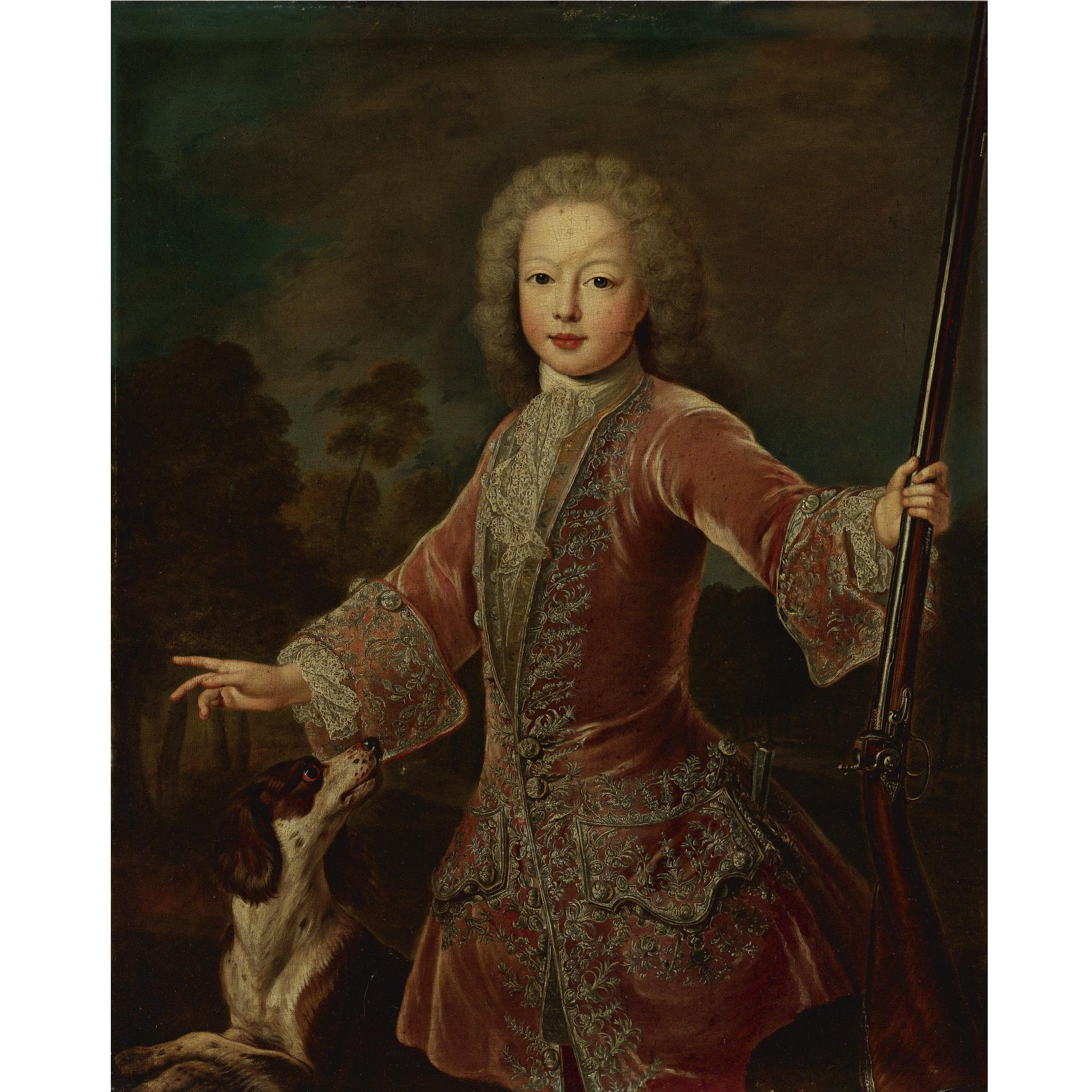 Pierre Gobert - Portrait Of A Young Boy In A Hunting Jacket Holding A Musket