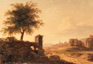 Pierre Henri De Valenciennes - A rocky landscape at dusk with a shrine