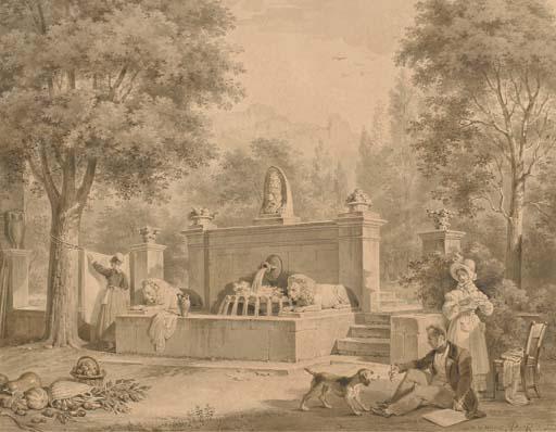 Pierre-Henri Révoil - L\'Artiste Dessinant Devant la Fontaine du Château de Servanes