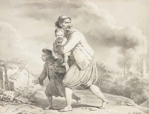 Pierre-Henri Révoil - Un turc avec deux enfants fuyant une ville avec des minarets en feu