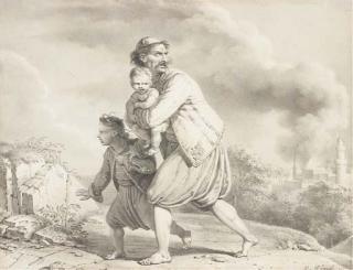 Pierre-Henri Révoil - Un turc avec deux enfants fuyant une ville avec des minarets en feu