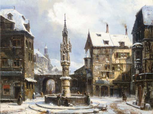Pierre Henri Théodore Tetar van Elven - Winter: a gothic fountain in a German town