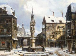 Pierre Henri Théodore Tetar van Elven - Winter: a gothic fountain in a German town