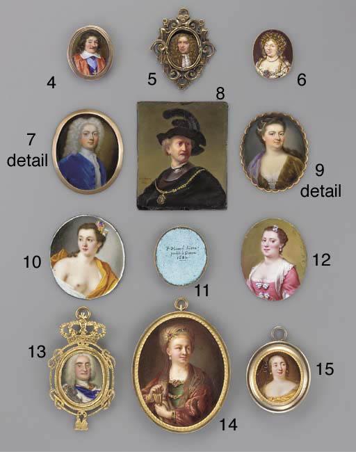 Pierre Huaud II - A young gentleman, in blue silk gown and purple silk cloak, lace cravat tied with red bow, full bottomed curling wig