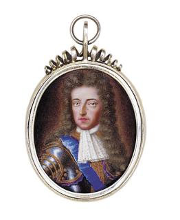 Pierre II Huaut - William III, Prince of Orange (1650-1702), facing left in gold-bordered and gilt-studded armour, lace cravat, full bottomed wig, wearing the blue moiré sash of the Order of the Garter