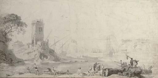 Pierre-Jacques-Antoine Volaire - View of a harbour with fishermen hauling up nets, and a watchtower on a promontory