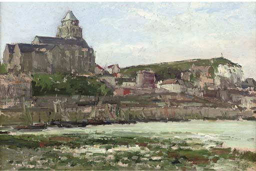 Pierre Jacques Pelletier - The fishing port of Les Treport at the mouth of the Bresle with the Terrace Calvary and the Church of St Jacques