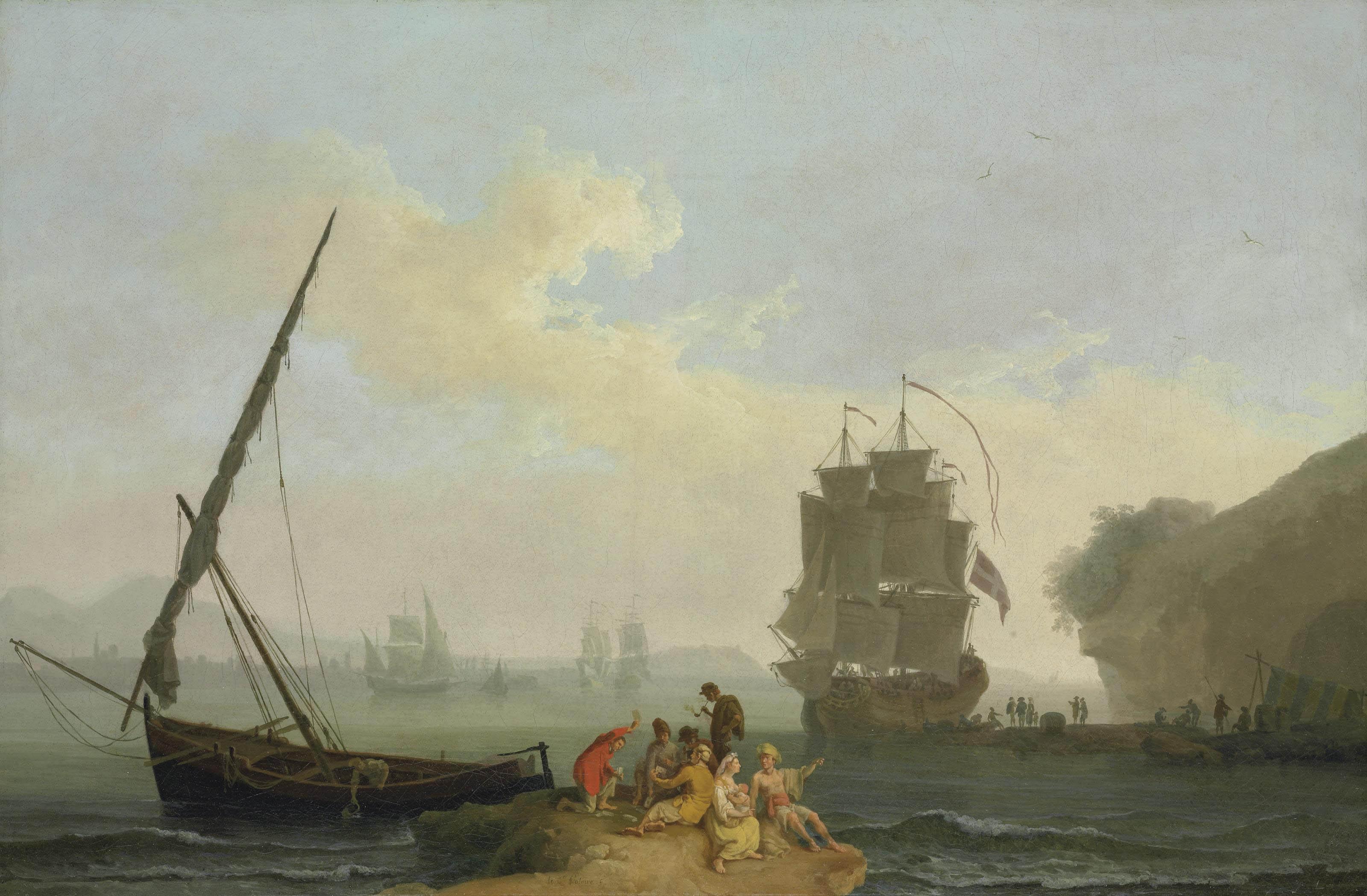 Pierre-Jacques Volaire - A mediterranean bay with figures unloading a man-o\'-war, figures playing cards in the foreground, other vessels beyond