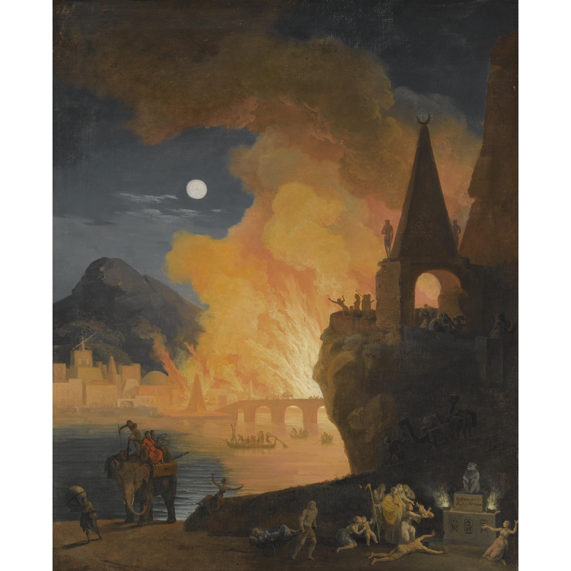 Pierre-Jacques Volaire - A Nocturnal Landscape With Figures Fleeing The Fire Of Alexandria