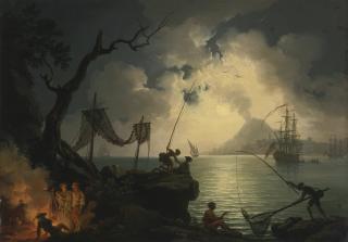 Pierre-Jacques Volaire - A Nocturnal Mediterranean Coastal Scene, With Vesuvius In The Background