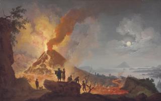 Pierre-Jacques Volaire - Mount Vesuvius Erupting By Night Seen From The Atrio Del Cavallo With Spectators In The Foreground, A Panoramic View Of The City And The Bay Of Naples Beyond