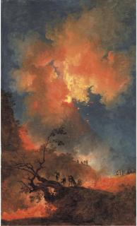 Pierre-Jacques Volaire - Vesuvius erupting at night seen from the foothills, with elegant onlookers, a view of the Bay of Naples beyond