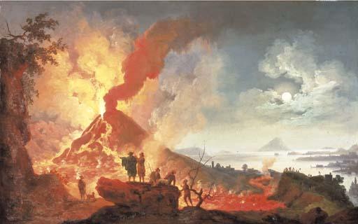Pierre-Jacques Volaire - Vesuvius erupting at night with onlookers, the bay of Naples beyond