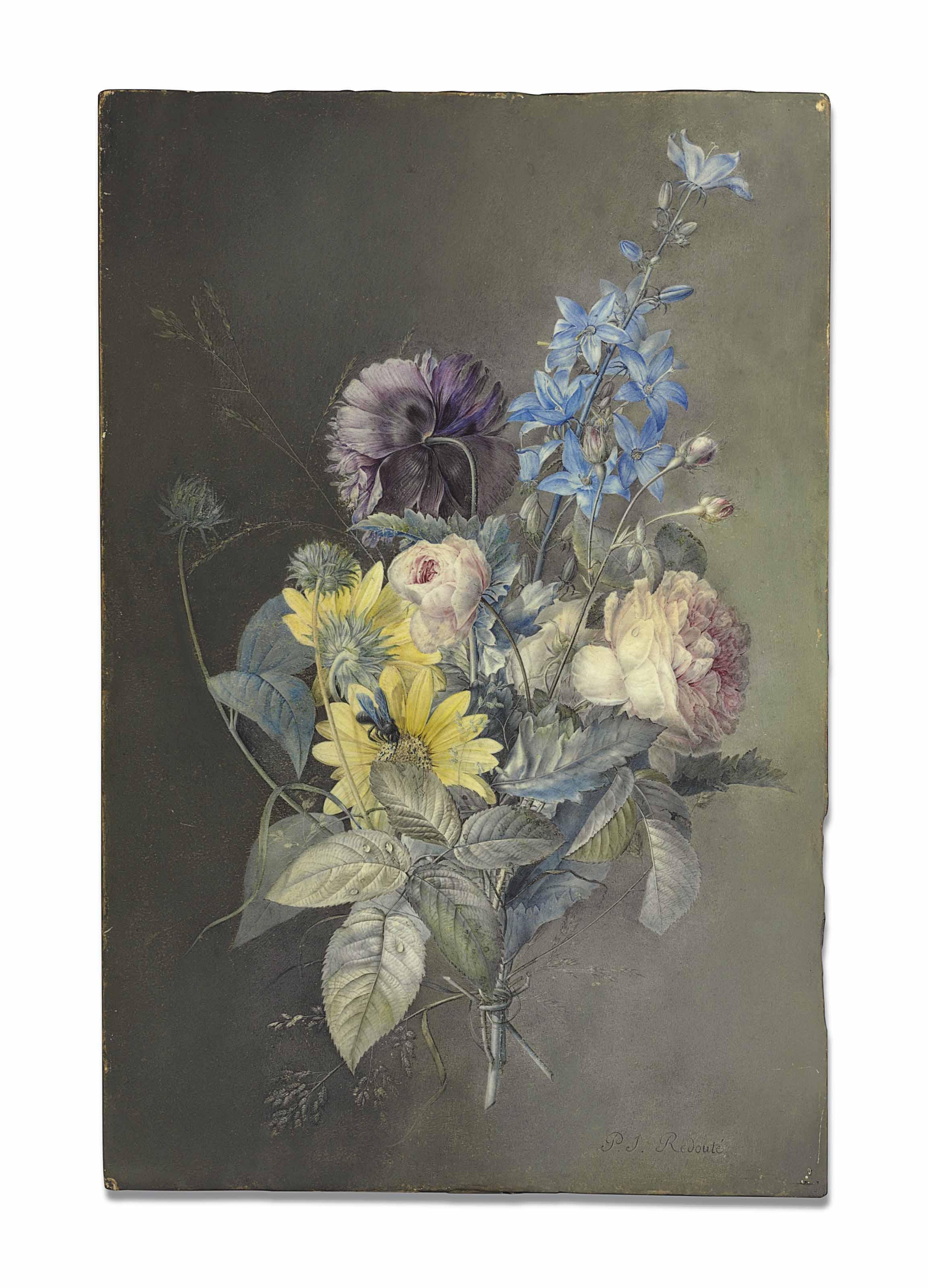Pierre-Joseph Redouté - A bouquet of flowers including a Gallica Rose (Rosa gallica), a Delphinium and an Oriental Poppy (Papaver orientale) (?)