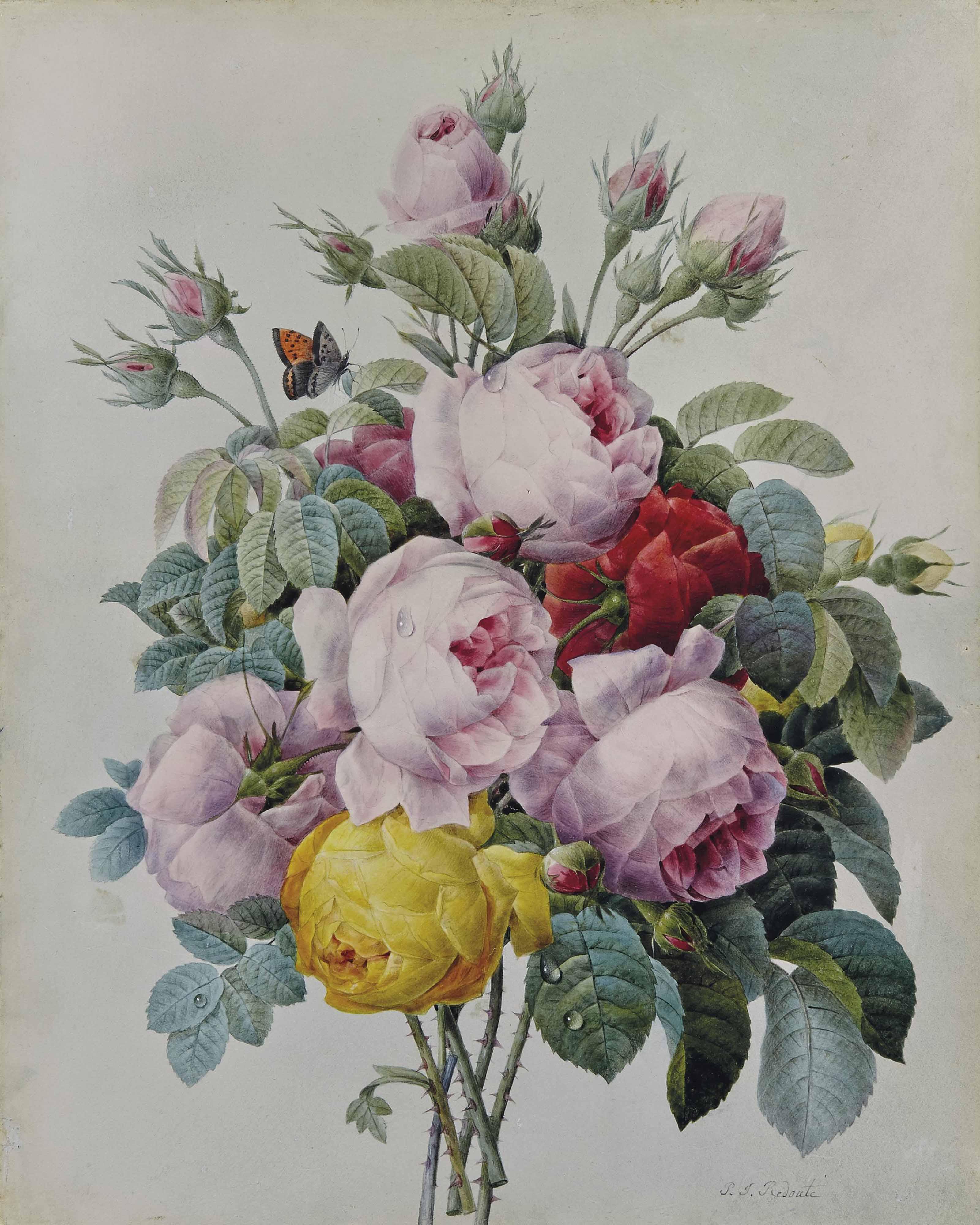 Pierre-Joseph Redouté - A bouquet of roses and rose buds, with a Small Copper butterfly