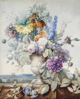 Pierre-Joseph Redouté - A bunch of flowers in an alabaster vase on a stylobate, a hilly landscape behind