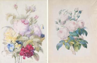 Pierre-Joseph Redouté - A bunch of pink roses with violas and other flowers