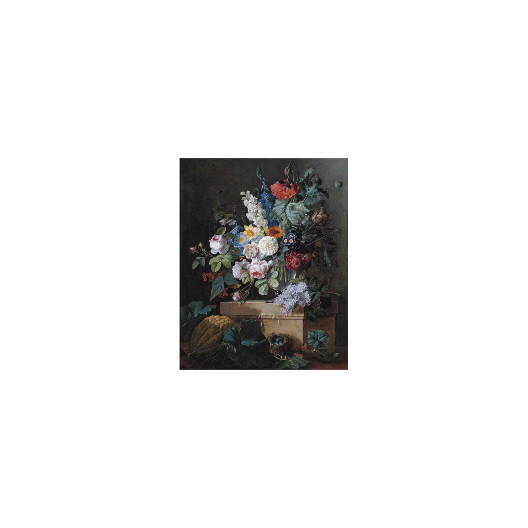Pierre-Joseph Redouté - An Elaborate Still Life Of Flowers In A Glass Vase Resting On An Alabaster Pedestal With A Bird Nest And A Melon Below