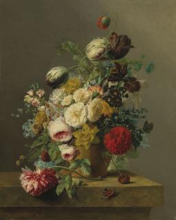 Pierre-Joseph Redouté - Roses, tulipes, pivoines, soucis, un œillet, un iris et autres fleurs dans un vase en terre cuite sur un entablement de pierre