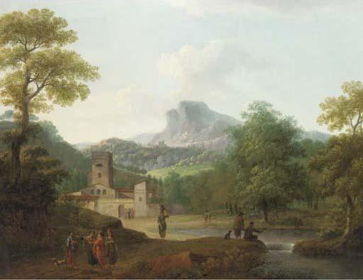 Pierre Joseph Wallaert - A classical river landscape with figures on a path, a town beyond