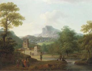 Pierre Joseph Wallaert - A classical river landscape with figures on a path, a town beyond