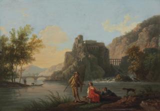 Pierre Joseph Wallaert - A River Landscape With Fishermen By The Bank