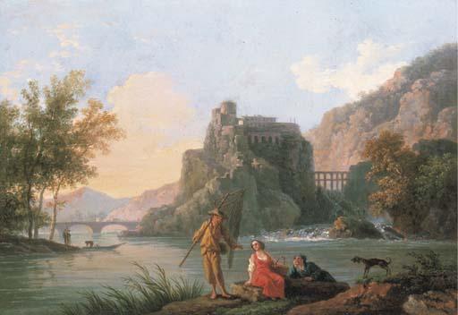 Pierre Joseph Wallaert - A river landscape with fishermen by the bank