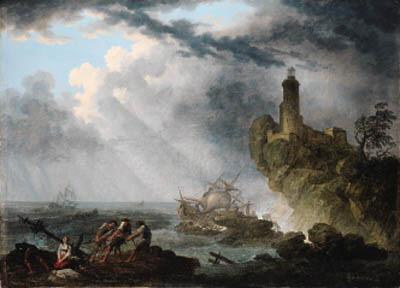 Pierre Joseph Wallaert - A shipwreck in stormy seas with survivors on a rocky outcrop, a lighthouse beyond