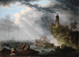 Pierre Joseph Wallaert - A shipwreck in stormy seas with survivors on a rocky outcrop, a lighthouse beyond