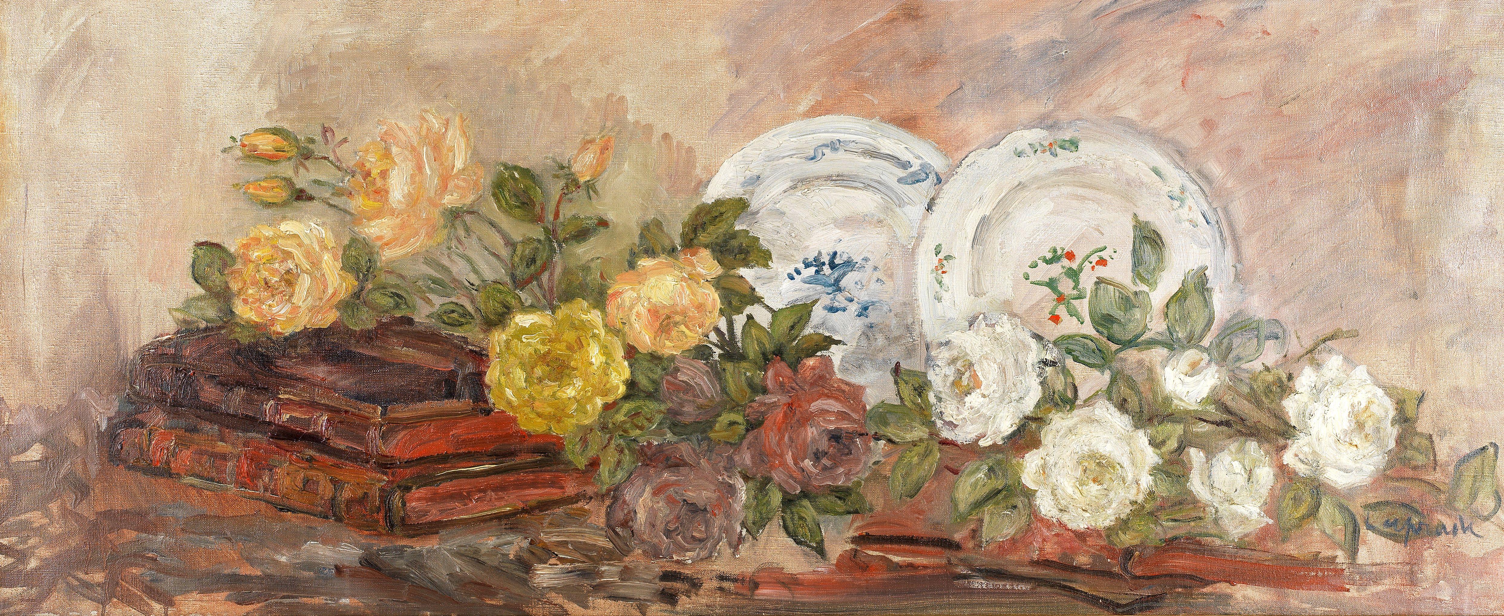 Pierre Laprade - Still life of flowers, ceramics and books, a pair the first 49.5 x 126.4cm (19 1/2 x 49 3/4in); the second 48.2 x 115.5cm (19 x 45 1/2in). (2)