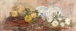 Pierre Laprade - Still life of flowers, ceramics and books, a pair the first 49.5 x 126.4cm (19 1/2 x 49 3/4in); the second 48.2 x 115.5cm (19 x 45 1/2in). (2)