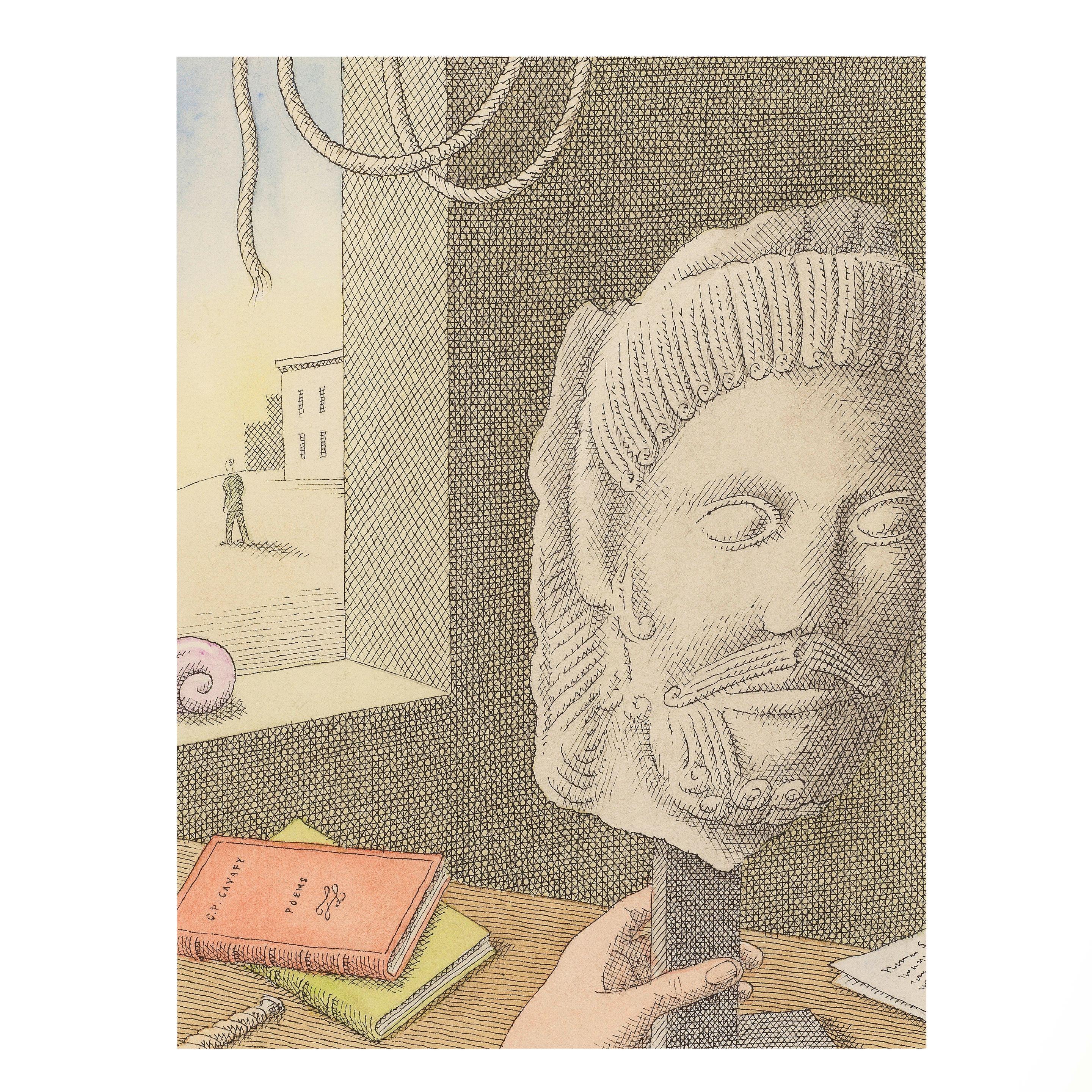 Pierre Le-Tan - Tête de Christ en plâtre et corde devant la fenêtre