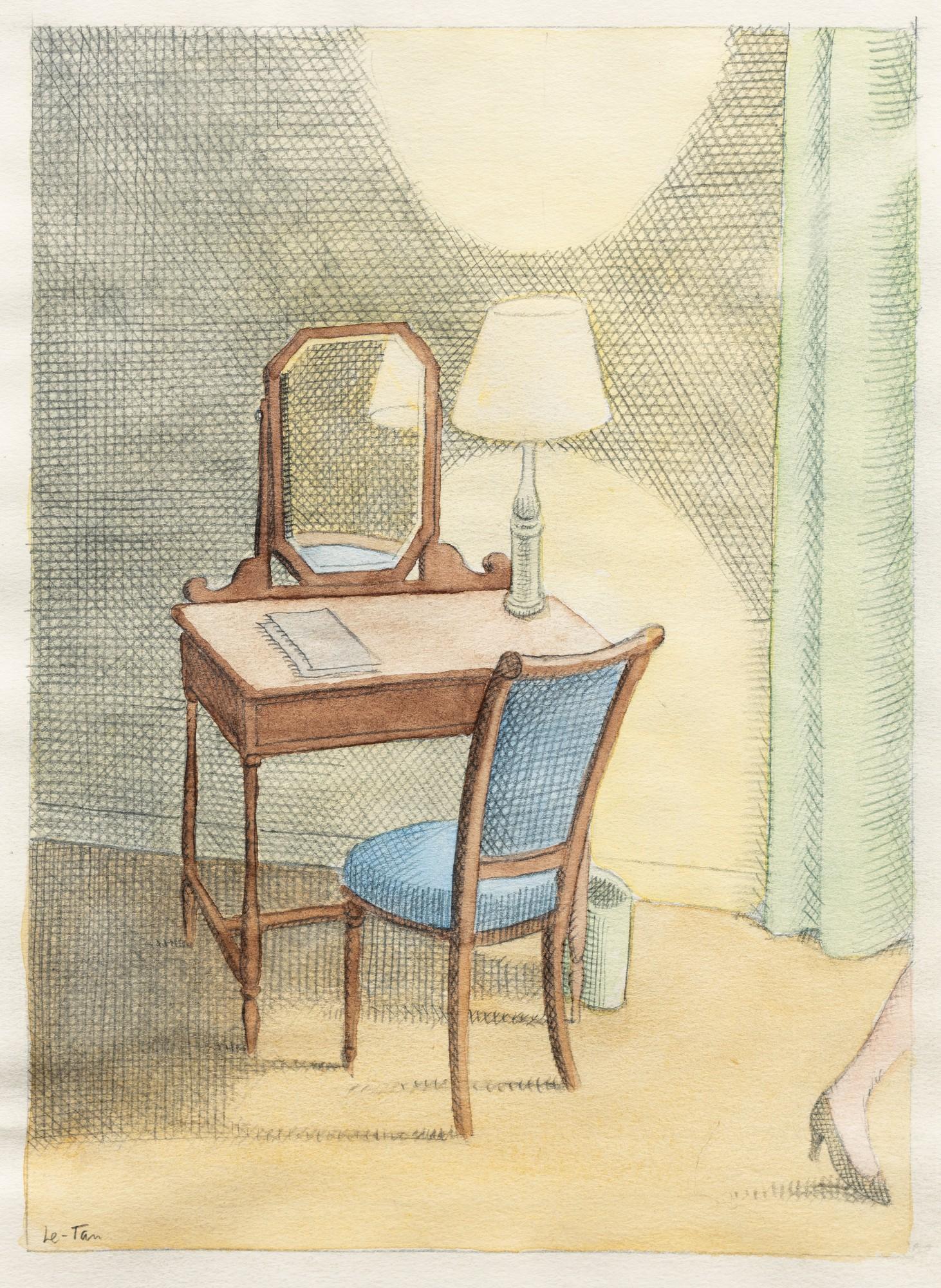 Pierre Le-Tan - Une coiffeuse avec une lettre, une femme quittant la pièce