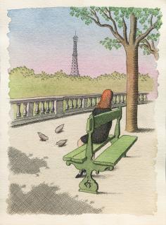 Pierre Le-Tan - Une femme de dos regardant vers la tour Eiffel, assise sur un banc d’une terrasse dans un jardin parisien