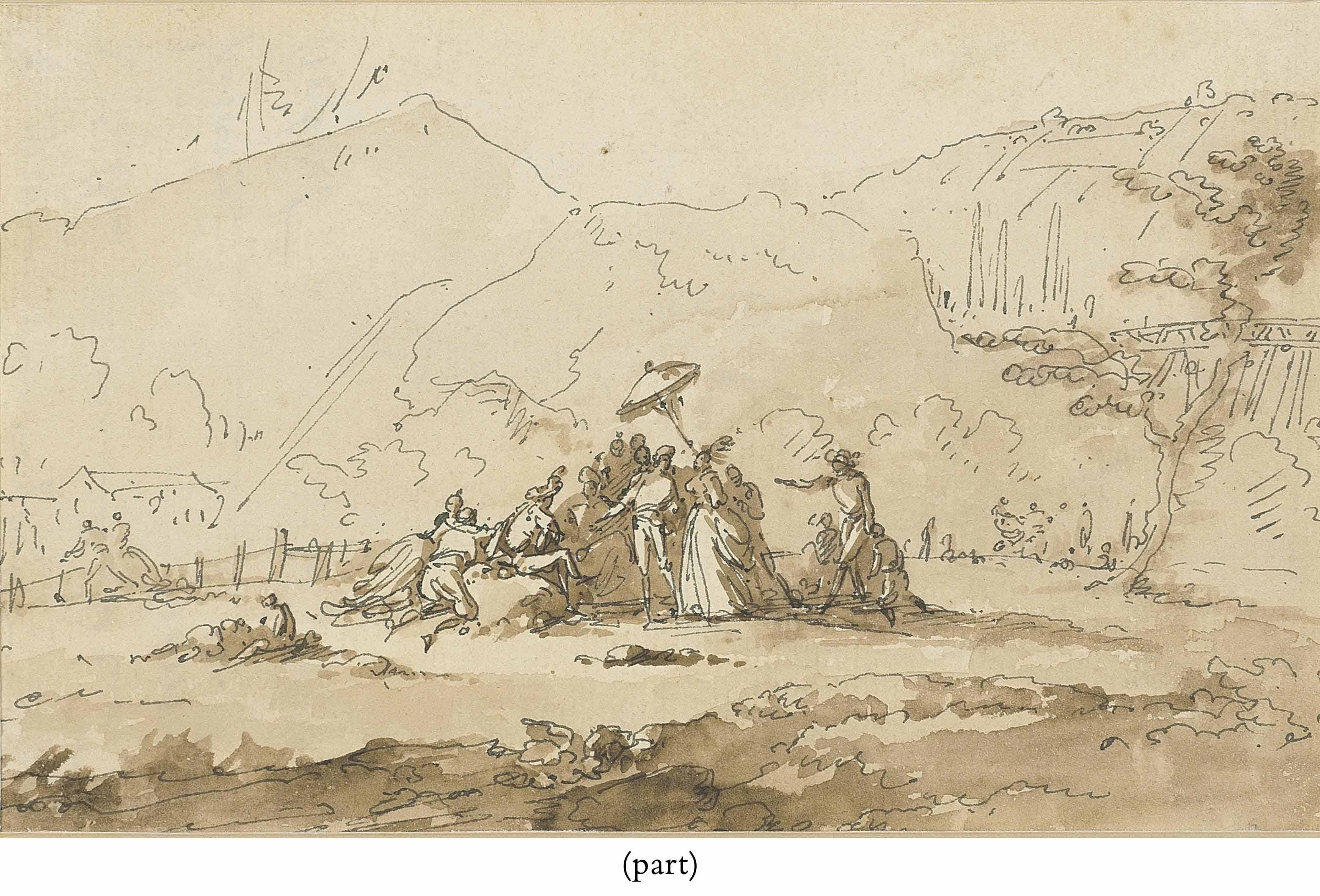 Pierre Lélu - An Elegant Assembly In A Landscape; And Farmers And Other Figures Gathered Outside An Inn