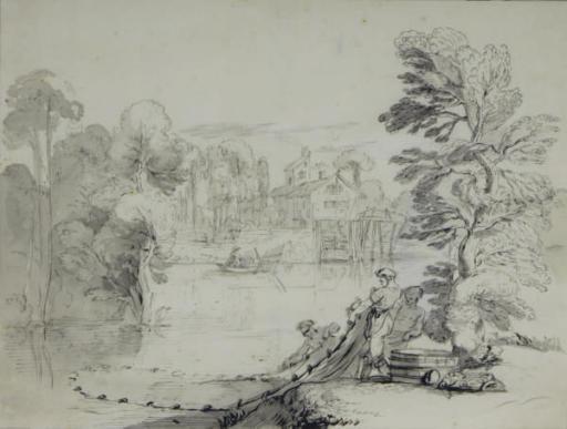 Pierre Lélu - Landscape with fisherman taking in their catch, the Moulin Quiquengrogne in the distance